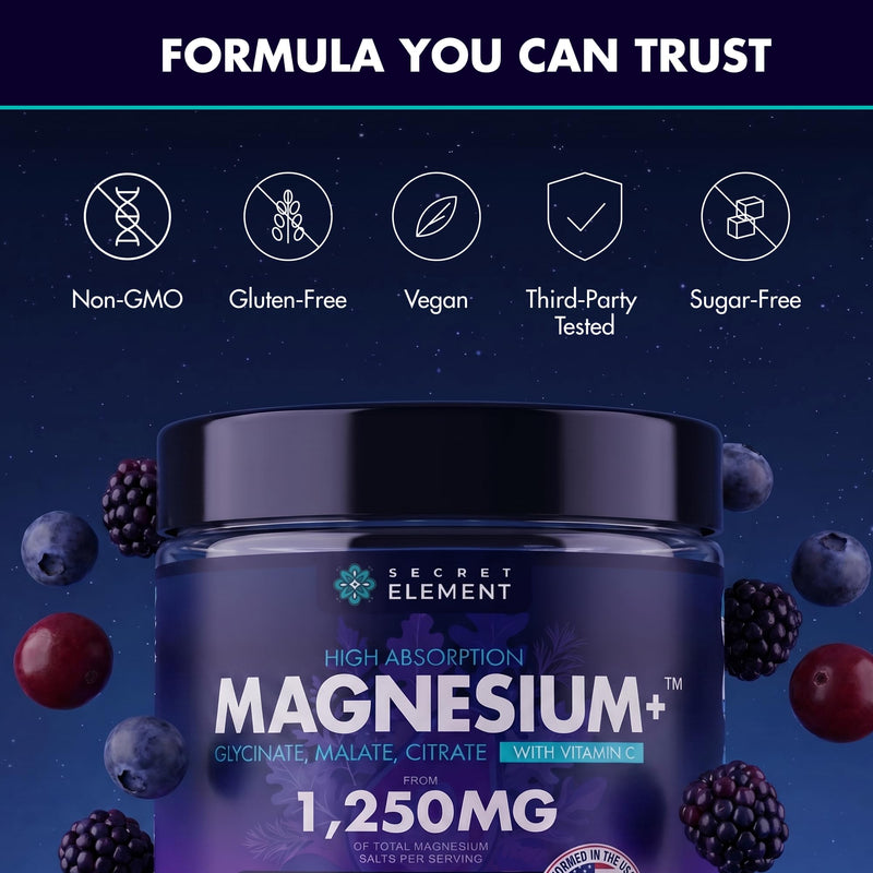 Secret Element Magnesium Glycinate 1250MG Gummies, High Absorption Magnesium Glycinate, Citrate & Malate, with Vitamin C, Sugar-Free, Vegan, Chews for Men & Women, 60 Gummies, Mixed Berry Flavor 60 Count (Pack of 1)