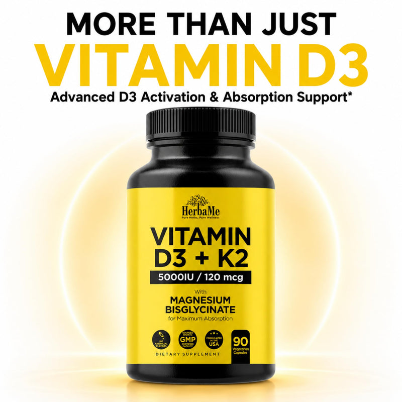 HerbaMe Vitamin D3 5000 IU + K2 with Magnesium Bisglycinate Formula | Complete D3 Activation & Calcium Absorption to Support Bone, Muscle & Immune Health, 90 Capsules