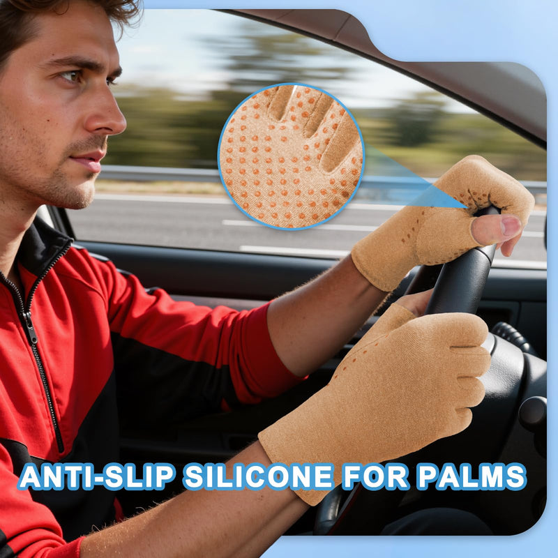 DRNAIETY 2-Pair Arthritis Compression Gloves- for Hand Arthritis, Carpal Tunnel Pain, Rheumatoid Arthritis, RSI, Fingerless, Anti-Slip, Breathable Gloves for Men & Women, Typing, Daily Use(M Brown) Medium