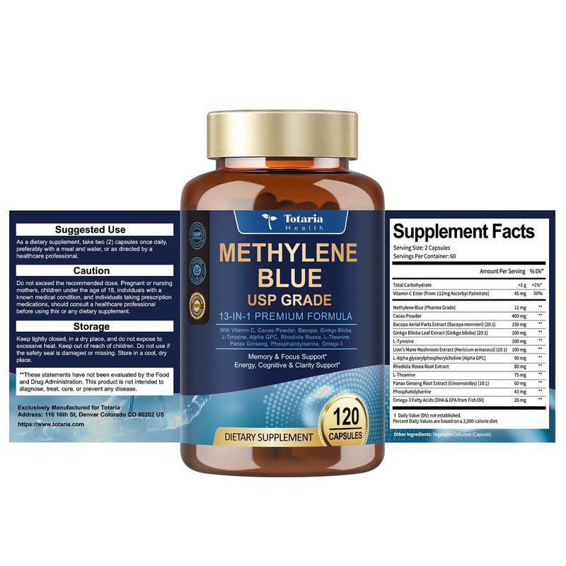 USP Methylene Blue Pharmaceutical Grade, Vitamin C Ester, Bacopa, Phosphatidylserine, Omega-3 Fatty Acids - 13 in 1 Upgrade Patented Brain Formula - Memory, Focus, Clarity, Cognitive, 120 Count 120 Count (Pack of 1)