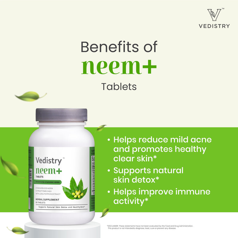 [Australia] - Neem+ Tablets 1100 mg with Neem & Long Pepper Extract - 60 Tablets - Herbal Supplements, Vegan- Pack of 1 