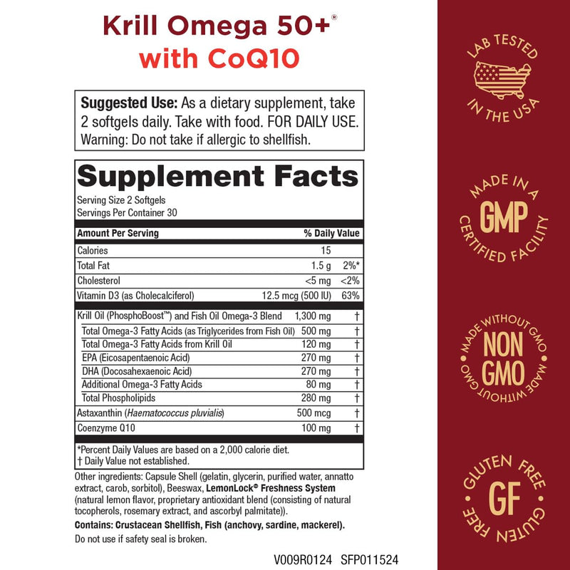 [Australia] - Krill Omega 50 Plus w/ CoQ10 from Purity Products - 1300mg Krill Oil and Fish Oil Blend - 100mg CoQ10 - 500mg Natural Astaxanthin - Support for Joint, Brain Health and more - 60 Mini Softgels 
