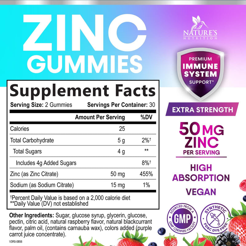 Zinc Gummies - 50mg Zinc Per Serving Immune Skin & Bone Support Health Gummy - Premium Antioxidant Chewable, High Absorption Vegan, Best Supplements Vitamin for Adults, Tasty Berry Flavor, 60 Gummies 60 Count (Pack of 1)