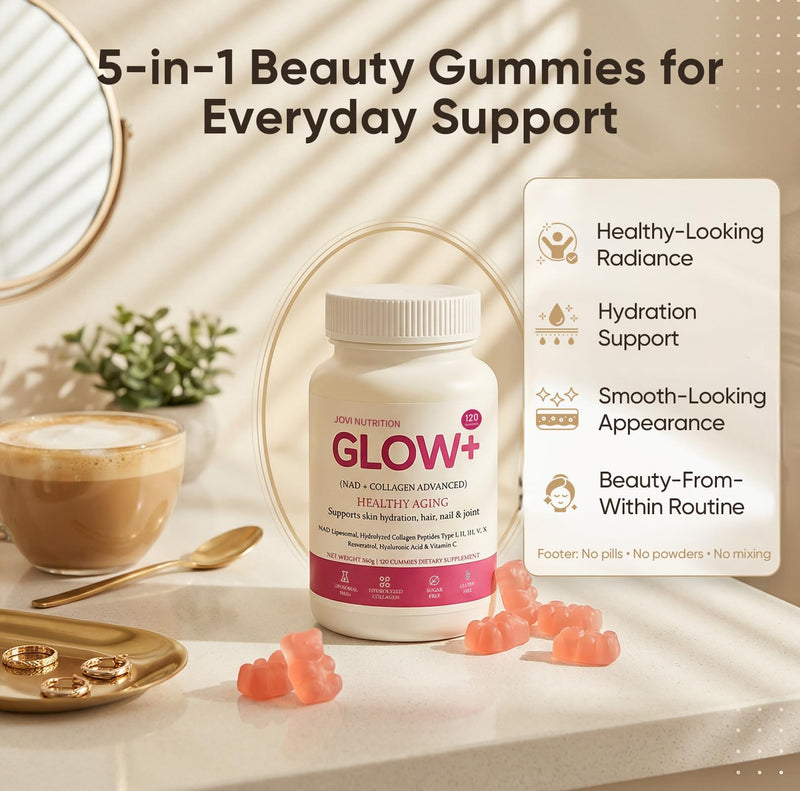 Jovi Glow+ NAD+ & Collagen Gummies, Multi-Type Hydrolyzed Collagen Peptides with Resveratrol, Hyaluronic Acid, Vitamin C & E for Skin, Hair & Nail, 120 Count