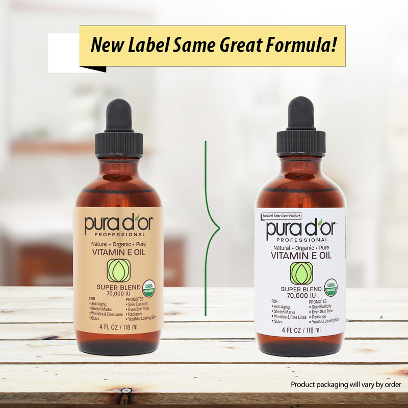 [Australia] - PURA D'OR 4 Oz ORGANIC Vitamin E Oil Blend 70,000 IU - 100% Natural Hexane Free, Sweet Almond, Apricot, Jojoba, Argan, Rosehip, Sunflower & Avocado Bath Oil For Scars, Skin, Face & Full Body 