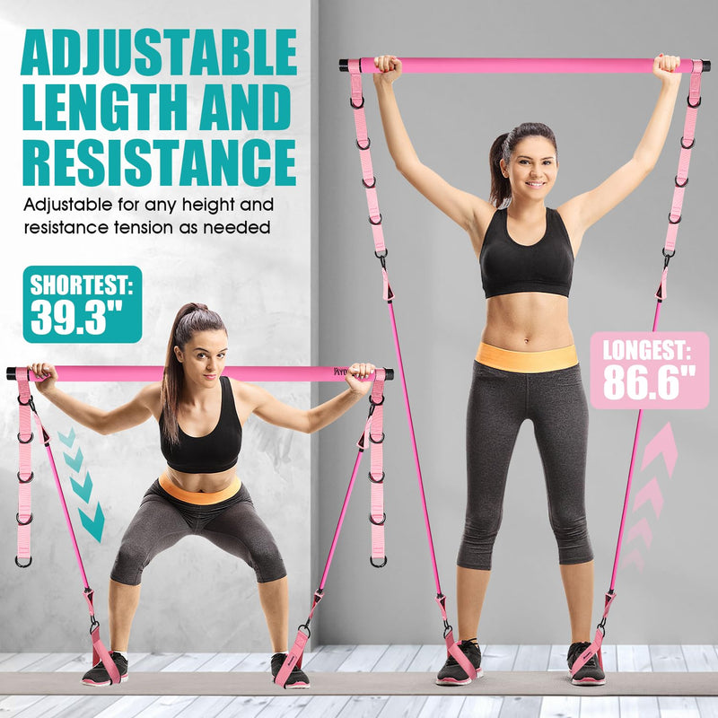 [Australia] - Pilates Bar Kit with Resistance Bands, Pilates Workout Equipment for Legs, Hip, Waist, Arm, Squats Exercise Equipment for Home Workouts, Adjustable 3-Section Pilates Bar Kit for Women & Men 1-Pink New-140LBS 