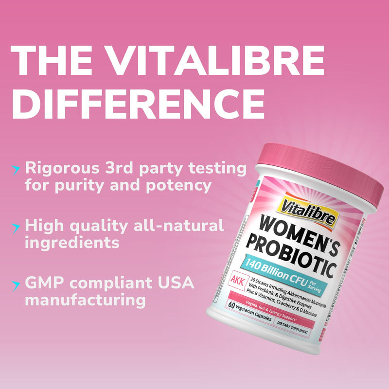 Vitalibre Women's Probiotic Plus, Akkermansia, 140 Billion CFU, 19 Strains with AKK, Vitamin B6, B9, B12, Biotin, Cranberry, D-Mannose, Gut, Vagina Health, 60 Vegetarian Caps