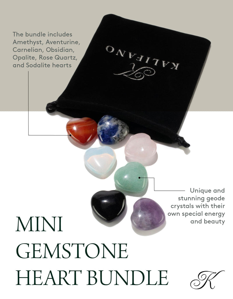 KALIFANO 7 Gemstone Heart Carvings Bundle - High Energy Reiki Crystals (Amethyst, Aventurine, Carnelian, Obsidian, Opalite, Rose Quartz, Sodalite) with Healing Properties