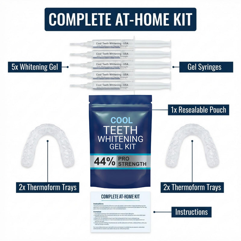 Teeth Whitening Gel with Trays 44% Carbamide Peroxide 5 Syringes - 50+ Uses | Enamel Safe Dentist Strength Tooth Whitener Removes Coffee, Wine, Tobacco Stains, Vegan, Gluten Free, 2 Trays Included