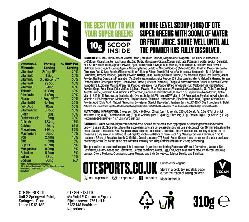 OTE Super Greens - Vegan Greens Powder with 51 Active Ingredients, Superfood Supplement Including Ashwagandha & Lion’s Mane - Rich Source of Vitamins, Minerals & Antioxidants - 1 Month Supply, Citrus