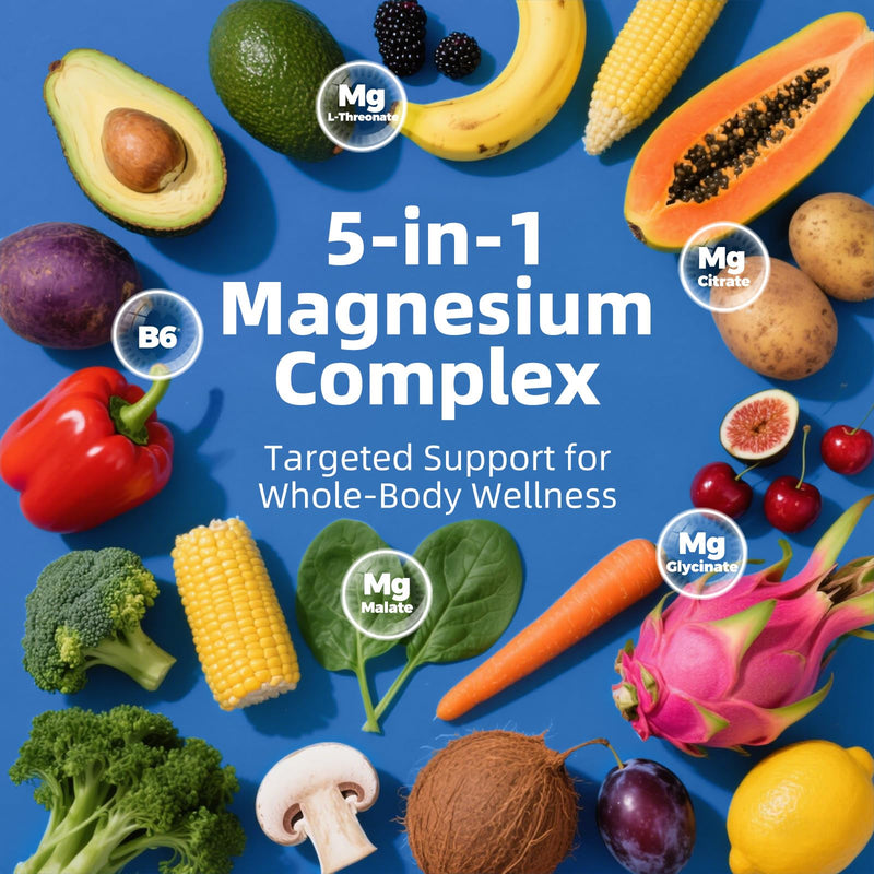 Magnesium Glycinate for Sleep, Extra Strength for Calm, 5-in-1 Complex Supplements as Glycinate, Citrate, Malate & L-Threonate with Vitamin B6, Ease of Swallow, High Absorption, 90 Vegan Capsules