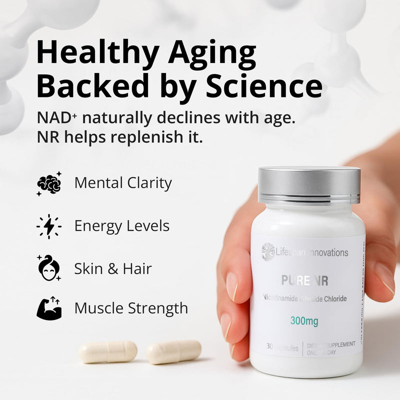 Lifespan Innovations Pure NR Nicotinamide Riboside 300mg - Single Ingredient Supplement - Supports NAD⁺ Levels, Cellular Energy & Healthy Aging. No Fillers or Binders. 30 Capsules, Glass Bottle 300MG - 30 Count