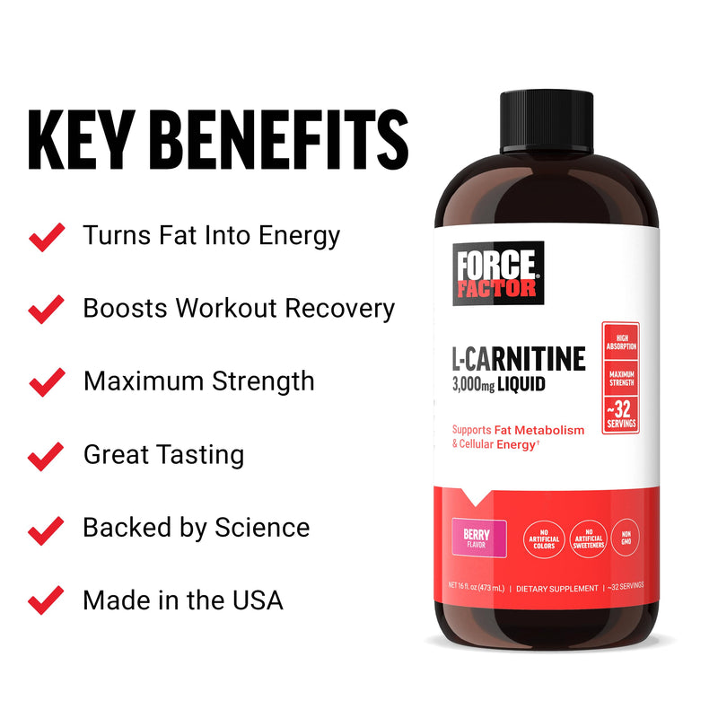 [Australia] - Force Factor L Carnitine Supplement, Liquid L-Carnitine 3000 mg to Help Turn Fat Into Energy, Support Muscle Recovery, and Boost Cellular Energy, Maximum Strength, Non-GMO, Berry Flavor, 16 Oz. 