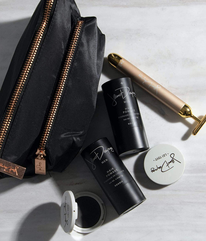 Jillian Dempsey Makeup Bag, Everyday 2-Pocket Cosmetic Organizer, Nylon | Medium everyday cosmetic organizer with two pockets and easy-clean nylon. Black with rose gold, travel-friendly.