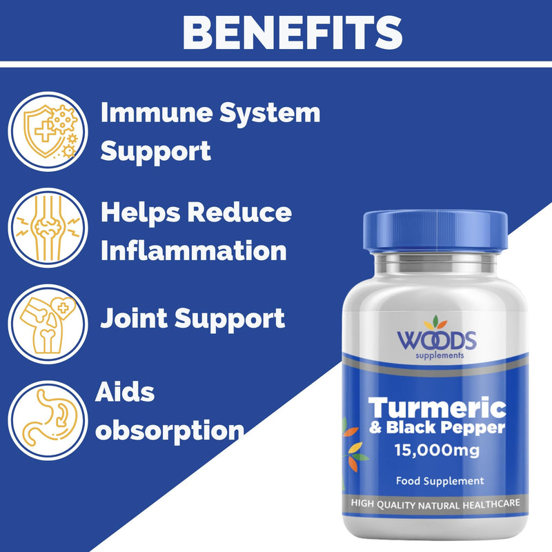 Woods Supplements - 15,000mg High Strength Turmeric & Black Pepper 60x Vegan Curcumin Turmeric Extract Tablets with Added VIT B5, VIT C and Zinc. High Absorption for Joint Care and Digestion 60