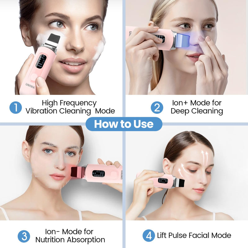 UNIWA Skin Scrubber Face Spatula, Skin Scrubber Pore Cleaner Blackhead Remover Tool for Deep Facial Cleansing - 4 Modes, Face Spatula with USB Charger, LCD Display, IPX7 Waterproof -Pink