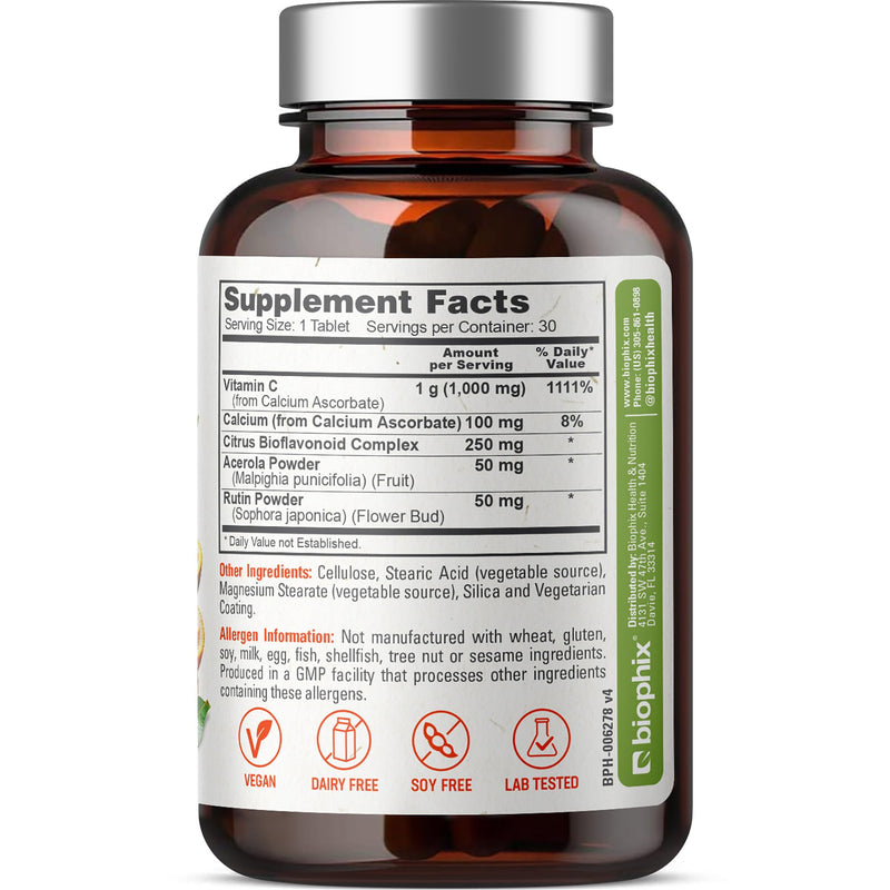 biophix Vitamin C-1000 mg 30 Tablets Complex - Vegan with Calcium Citrus Bioflavonoids Acerola Rutin - Supports Immune Health