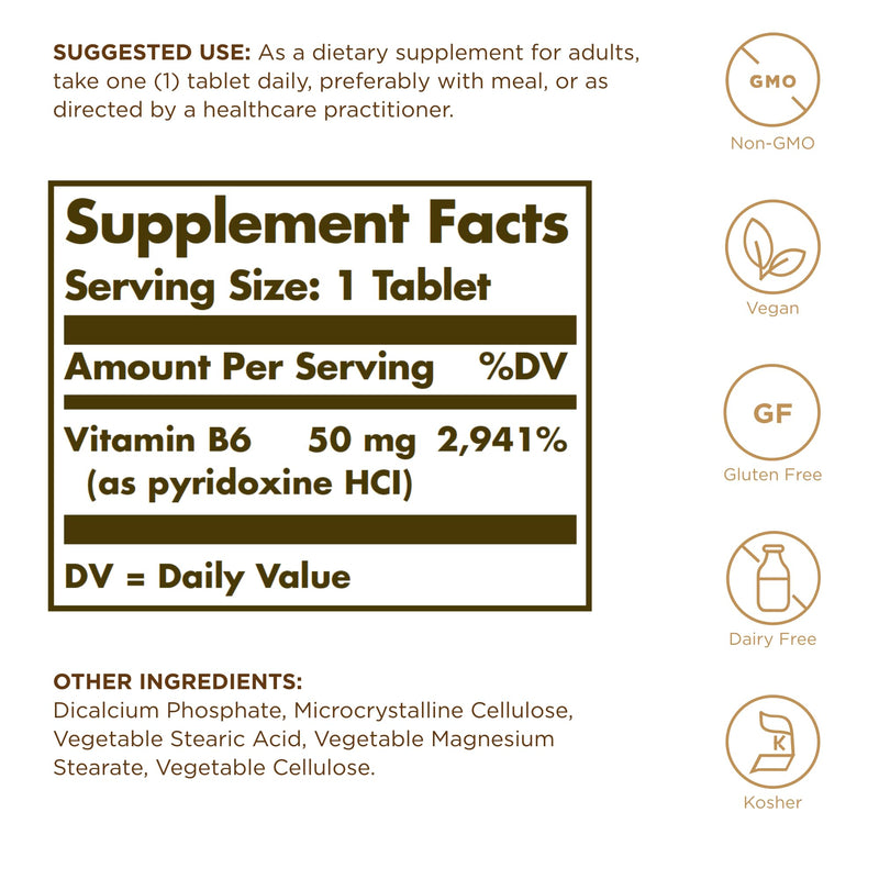Solgar Vitamin B6 50 mg - 100 Tablets - Non-GMO, Vegan, Gluten Free, Dairy Free, Kosher, Halal - 100 Servings