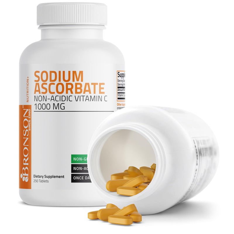 Bronson Non-Acidic Vitamin C 1000 mg as Sodium Ascorbate, 250 Tablets | Gentle on the Stomach, Immune, Antioxidant & Collagen Support, Non-GMO