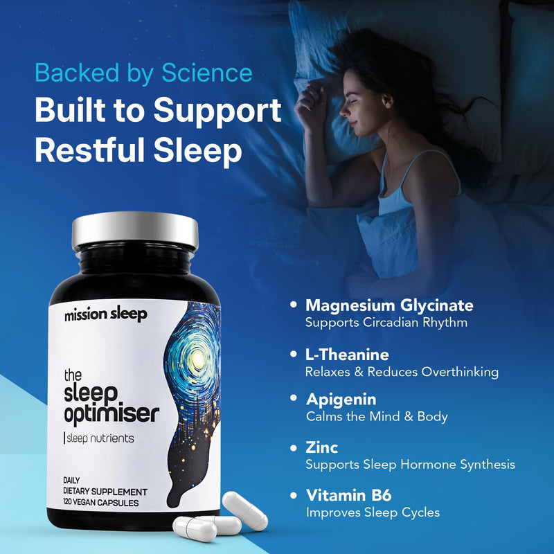 The Sleep Optimiser Sleeping Capsules - Non Melatonin Tablets Sleep Supplement for Adults with Magnesium Glycinate, L Theanine, Apigenin & Zinc - Nutrient-Based Sleeping Aid Suitable for Long Term Use