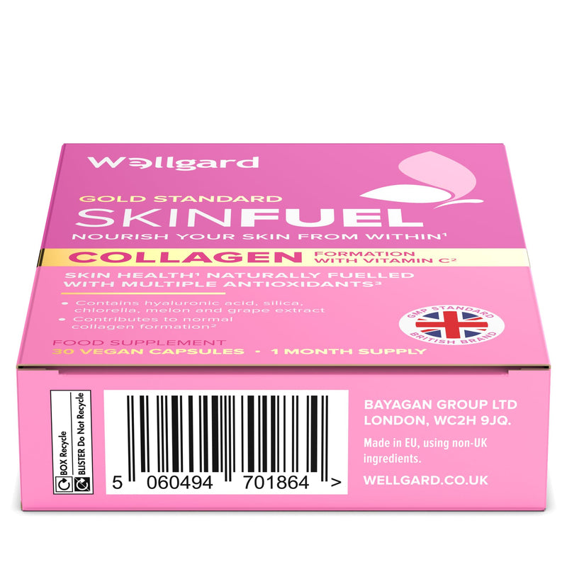 Wellgard Skin Fuel - Hyaluronic Acid, Bamboo Silica, Vitamin C, Zinc, Collagen Support, Vitamins for Skin, Vegan, 30 Capsules