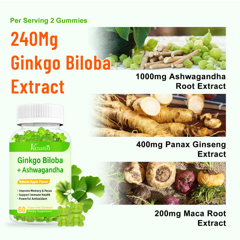 [Australia] - 2 Pack Ginkgo Biloba Gummies with Panax Ginseng Maca Root for Better Mood & Focus,Traditional Energy Booster and Brain Health, Ginkgo Biloba Supplements Vegan, Non-GMO, Natural Apple Flavor 60 Count (Pack of 2) 