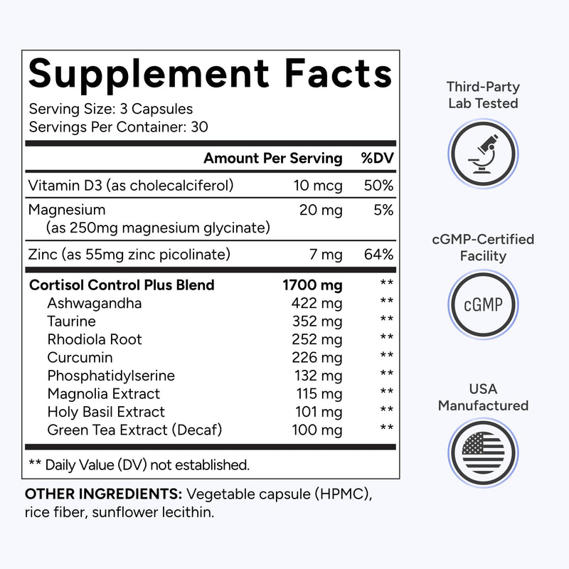 [Australia] - Cortisol Supplement for Women and Men - High Cortisol Manager to Support Relaxation, Calm, Restful Sleep & Detox - Ashwagandha, Magnesium, Rhodiola, Magnolia & More - USA Manufactured - 90 Capsules 