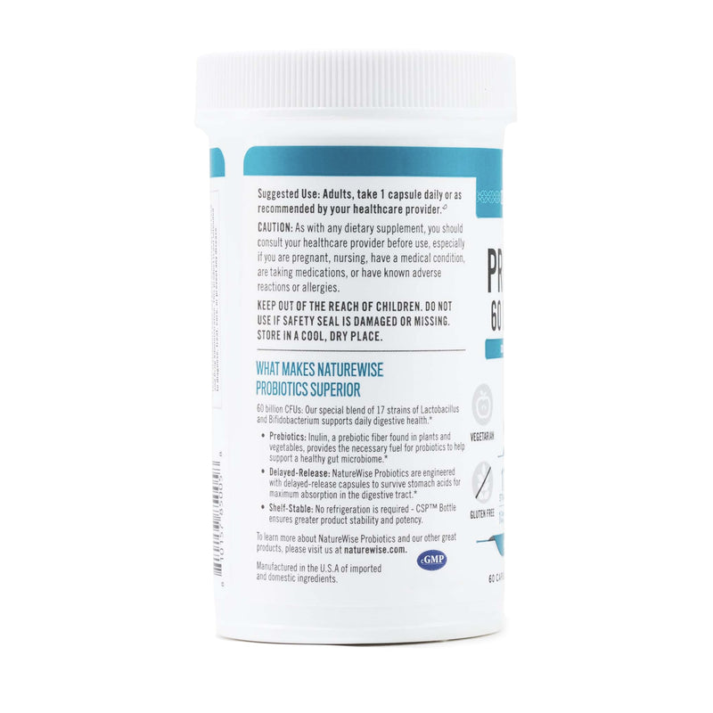 NatureWise Probiotics 60 Billion CFU - 17 Strains + Organic Prebiotics - Immune, Digestive & Gut Health Support for Women & Men - Vegetarian, Gluten-Free, Non-GMO - 60 Capsules[2-Month Supply] 60 Count (Pack of 1)