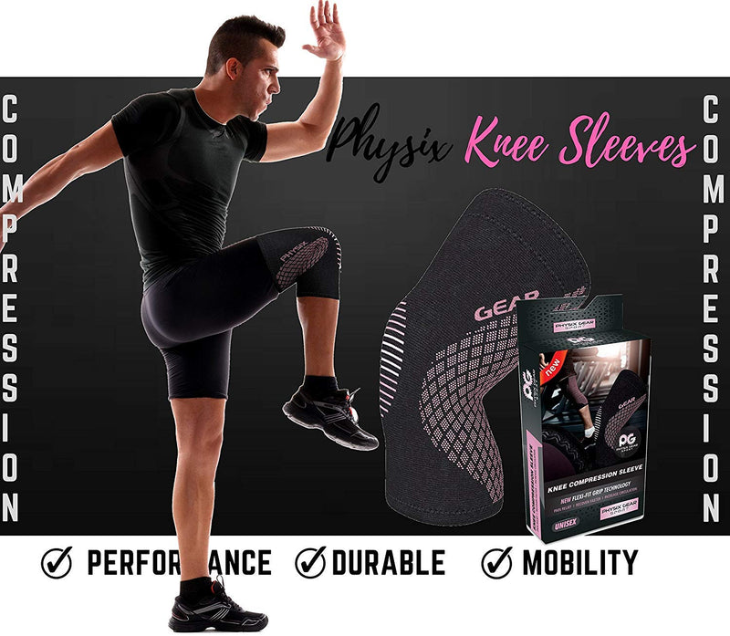 [Australia] - Physix Gear Sport Knee Support Brace - Best No-Slip Knee Braces for Knee Pain Women & Men, Compression Knee Sleeves for Running Workout Walking Hiking Sports Arthritis ACL Torn Meniscus Medium | 17"-19.5" Black/Pink (Single) 