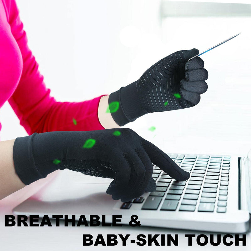 2 Pairs Full Finger Copper Arthritis Compression Gloves with Touchscreen Tips. Relief for Hand Pain, Carpal Tunnel, Rheumatoid, Inflammation, Tendonitis, Trigger Finger, RSI, Fit for Men Women (M) Medium Black