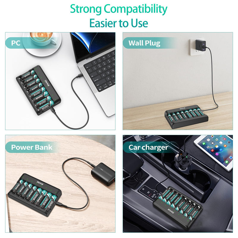 [Australia] - Dlyfull 8 Bay AA AAA Battery Charger with USB-C High-Speed Charging, Independent Slot for 1.2V Ni-MH Ni-CD Rechargeable Batteries, Cable Included 