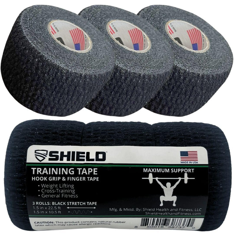 SHIELD | Weightlifting Tape - Made in USA, Hook Grip, Cross-Training, WOD Grip Tape 3-Pack– Durable, Non-Slip, Comfortable Stretchy Athletic Tape – Thumb, Wrist, Finger Protection (Black)