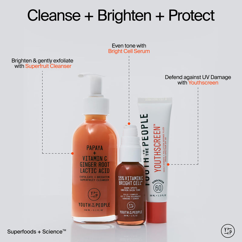 Youth To The People 15% Vitamin C Bright Cell Face Serum (1 fl oz) | Brightening Facial Serum for Even Tone - Niacinamide + Adenosine + D-Ribose, Fade Dark Spots, Sensitive + Acne Skin Approved