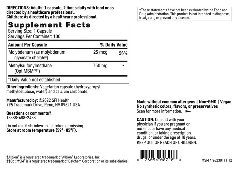 [Australia] - Klaire Labs SFI Health MSM 750 - Clinically Tested to Support Joint Comfort & Structure, Methylsulfonylmethane as OptiMSM (100 Capsules) 