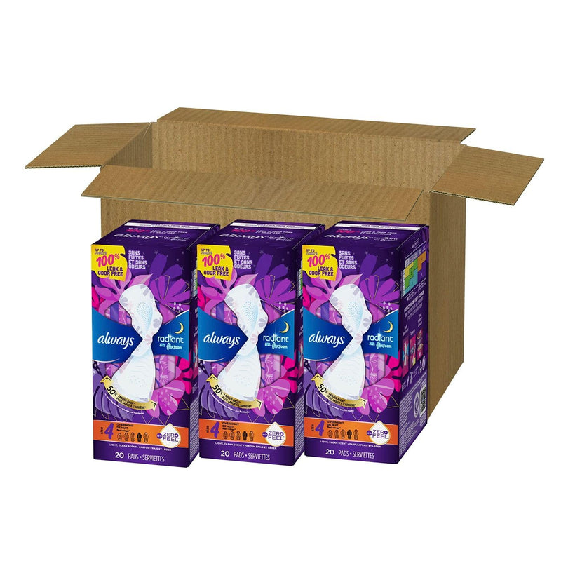 [Australia] - Always Radiant Feminine Pads for Women, Size 4 Overnight Pads, With Flexfoam, with Wings, Light Clean Scent, 20 Count (Pack of 3) Overnight (Size 4) 60 