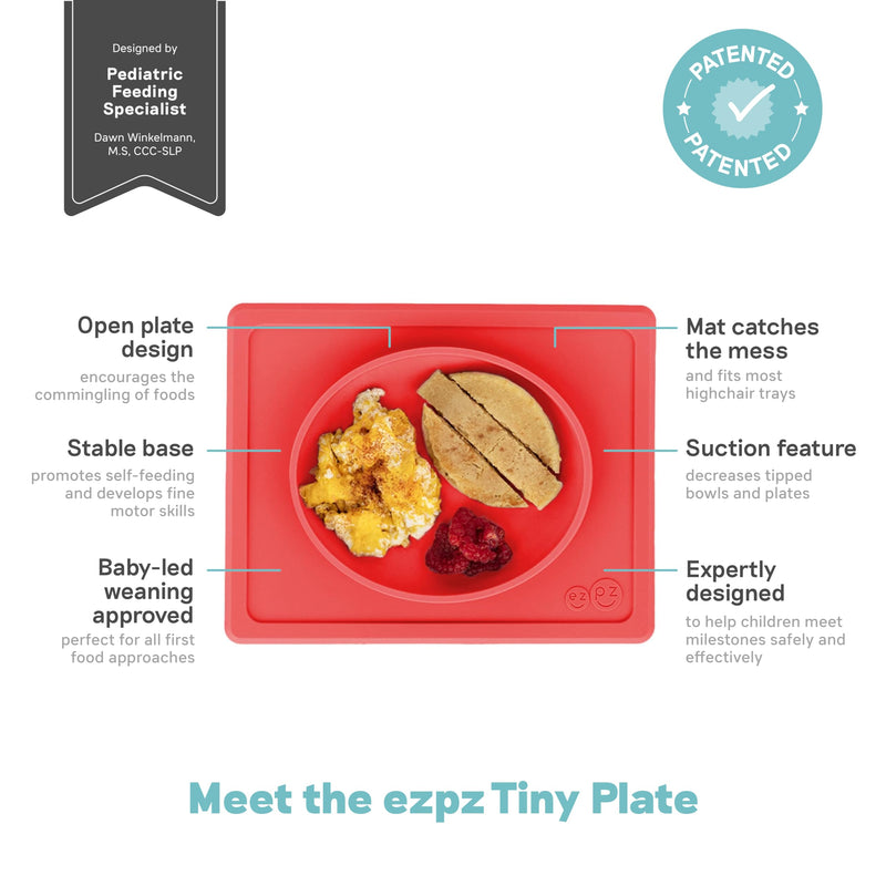 [Australia] - ezpz Tiny Plate - 6 Months+ (Coral) - Silicone Suction Plate for Baby with Built-in Placemat - Baby Led Weaning Supplies - Infant Plate that Fits on Most Highchair Trays Coral 