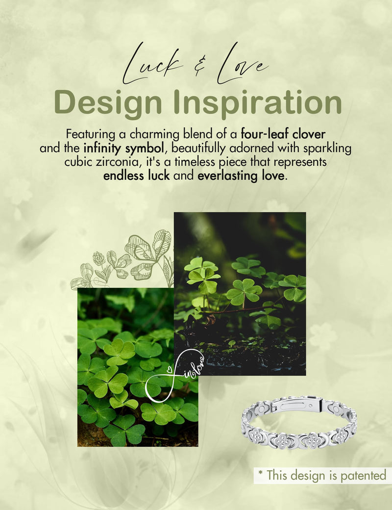 [Australia] - Feraco Magnetic Bracelets for Women with 3800 Gauss Effective Magnets, Stainless Steel Bracelet with Sparkling Zirconia, Infinite Symbol Silver Clover 