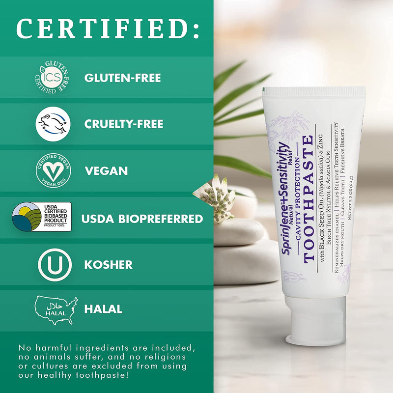 SprinJene Natural Sensitivity Relief Toothpaste – Fluoride Toothpaste for Sensitive Teeth & Cavity Protection – SLS Free with Patented Black Seed Oil & Zinc – Made in The USA (2 Pack) Mint - Sensitivity Relief Cavity Protection Pack of 2