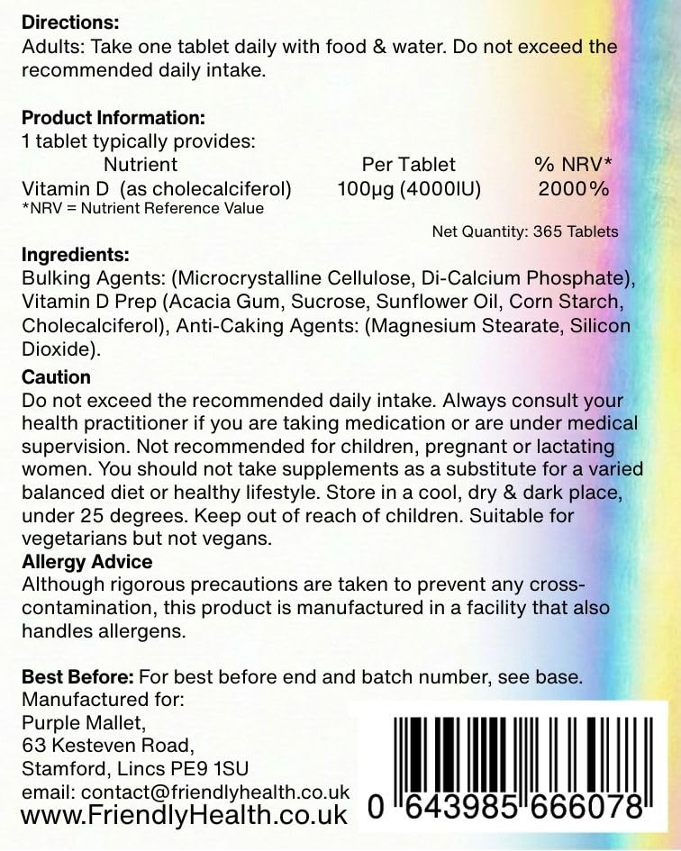 Vitamin D3 4000IU - 365 Day Supply - 365 Tablets - Easy to Swallow 8mm Micro Vitamin D Tablets - Vegetarian Friendly VIT D Supplement - Made in The UK - Gentle Cholecalciferol Form
