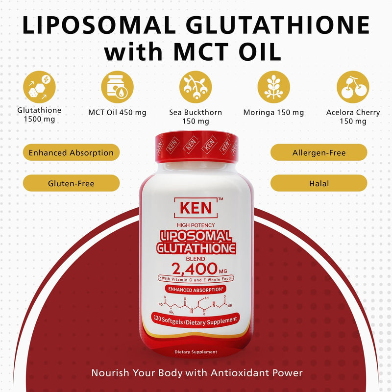 KEN Liposomal Glutathione with MCT Oil, 2400mg Blend, Vitamin C&E, Halal | Antioxidant for Cell Protection, Immune & liver support, for Energy & Skin, Non-GMO 120 softgels