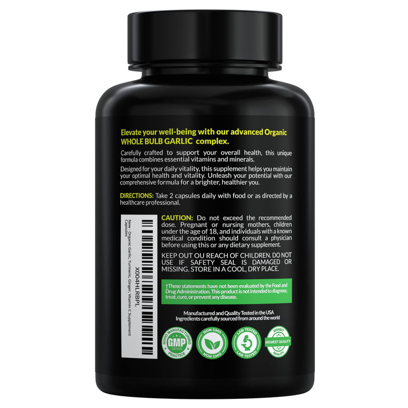 [Australia] - 4-in-1 Organic Odorless Garlic with Black Turmeric Supplements, 1900 mg Organic Whole Bulb Garlic, Turmeric, Ginger Extract & Vitamin C (90 ct) 