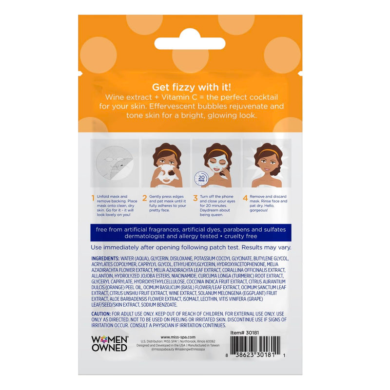 MISS SPA Brightening Bubbling Mask, Face Mask Skin Care, Vitamin C, Rejuvenate & Boost Skin, Anti- Aging Hydrating Facial Sheet Mask, Glowing Skin, Skin Care For Women Dermatologist Tested, 4 Pack