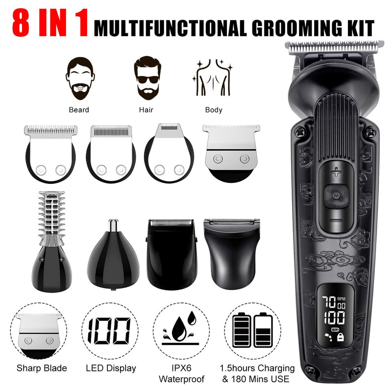 [Australia] - Hatteker Beard Trimmer for Men Mustache Trimmer T-Blade Beard Grooming Kit Hair Clipper Electic Razor Shavers Cordless Waterproof Nose Body Trimmer 8 in 1 Adjustable Speed Black 