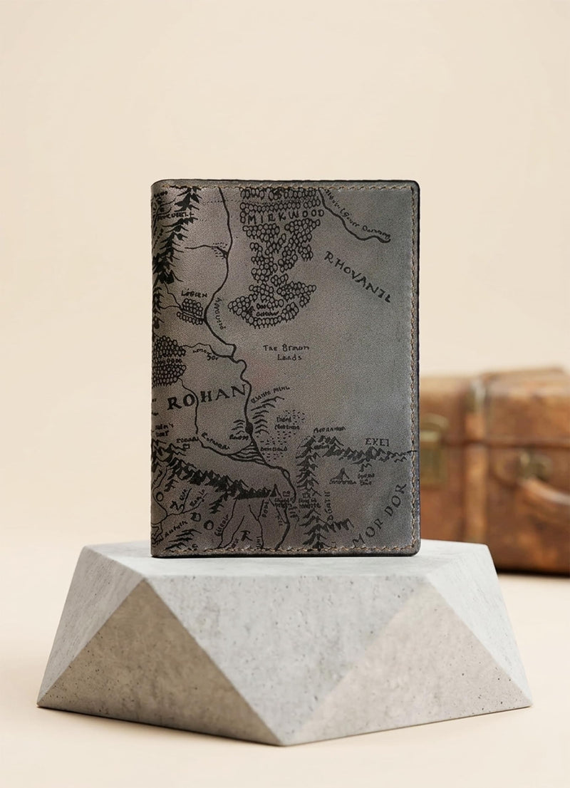 Handmade Leather Passport Wallet with Ancient Map Design, 4 Pockets, Genuine Brown Leather - 1LE