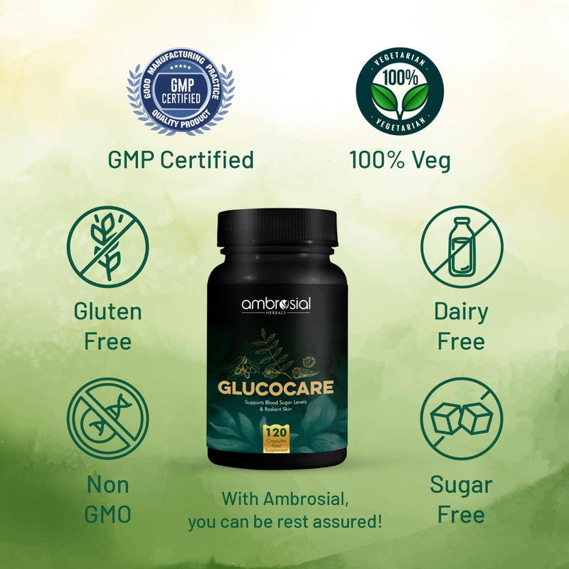 Ambrosial Glucocare | Bitter Melon | Neem | Black Plum (Jamun) | Helps in Balancing Blood Sugar | 100% Natural Ingredients | Pack of 1-120 Capsules