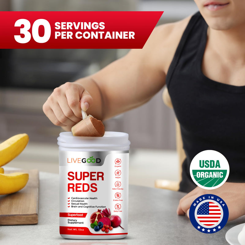 [Australia] - LIVEGOOD™ Organic Super Reds with Alfalfa, Barley Grass, Beet Root, Pomegranite, Grape Seed, Vegan, Gluten Free, 7.2 oz. 