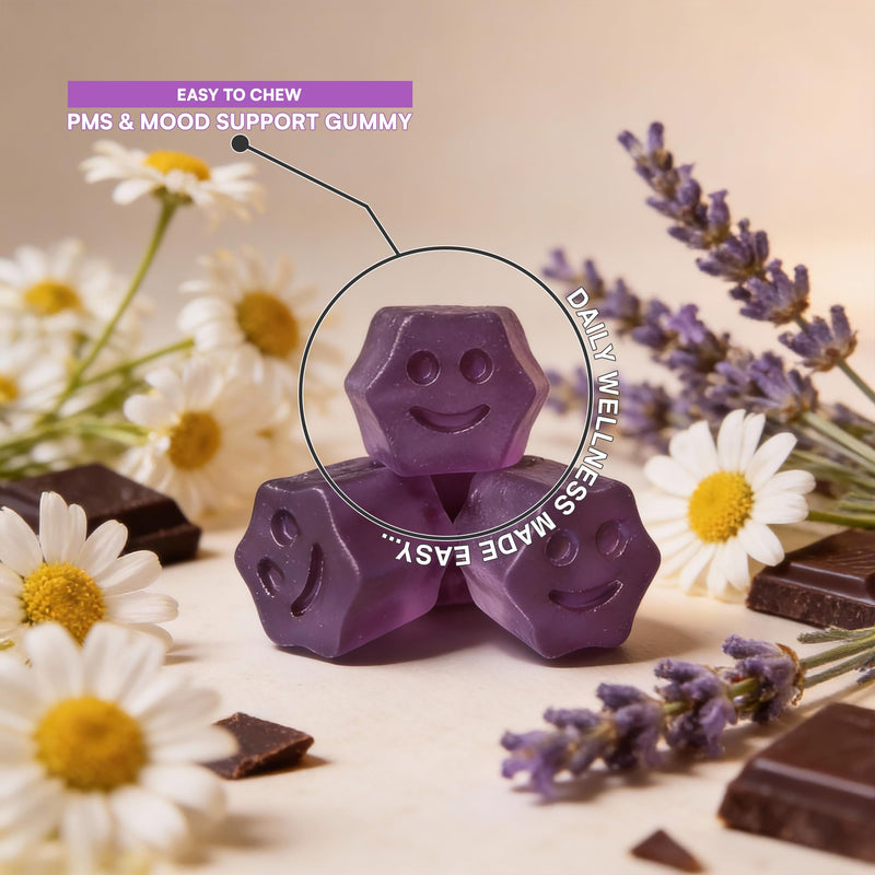 PMS & Mood Support Gummies | 60 Vegan Gummies | Magnesium Citrate, Lemon Balm, Vitex, Saffron & P-5-P B6 | Cycle, Mood & Hormone Balance Support | Purpleberry Flavour | UK Made | by NutriVolv