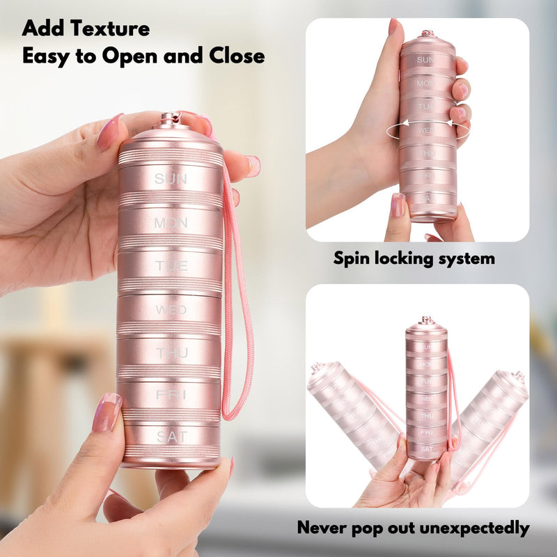 Metal Travel Pill Organizer Weekly - Waterproof Pill Box 7 Day Pill Case | Pill Container for Vitamin Medicine Supplements Fish Oil, Daily medicine Pill Organizer Pink L
