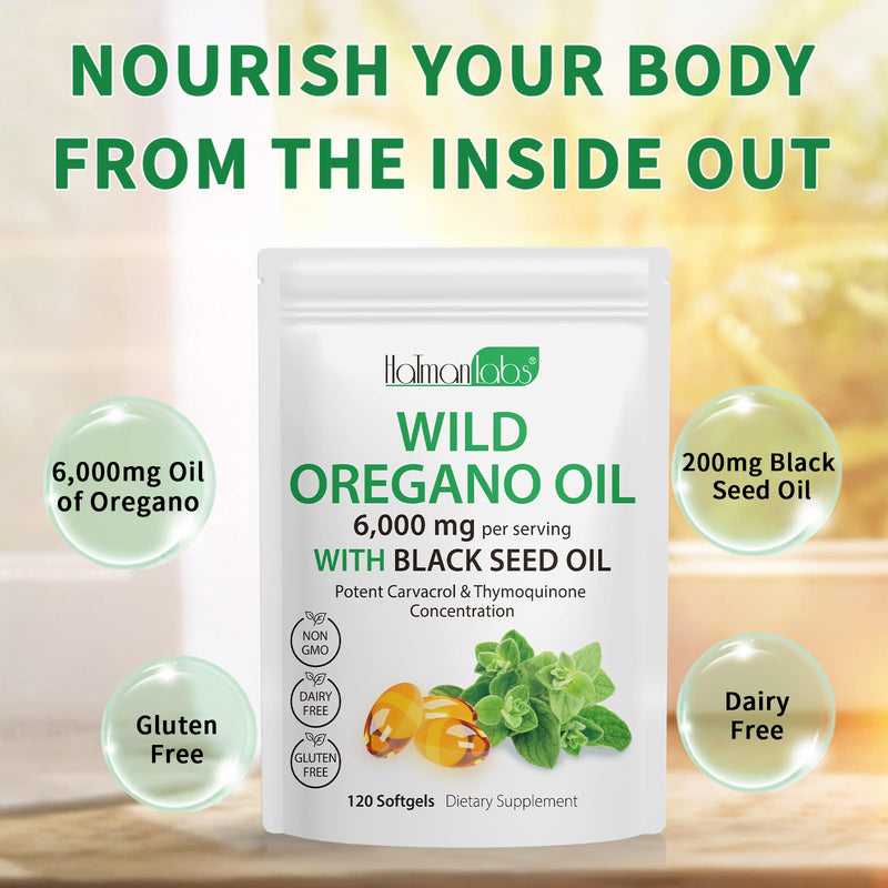 2 Pack Oil of Oregano Softgels, 2 in 1 6000mg Oil of Oregano with Black Seed, Oregano Supplement Capsules, Natural Antioxidants, Non-GMO, Gluten Free, 120 Softgels