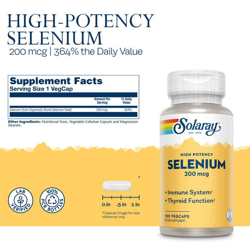 [Australia] - Solaray Selenium, High Potency, Healthy Immune System, Thyroid Function & Antioxidant Support, 100 VegCaps 100 Count (Pack of 1) 